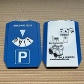 Parking time card with ice scraper